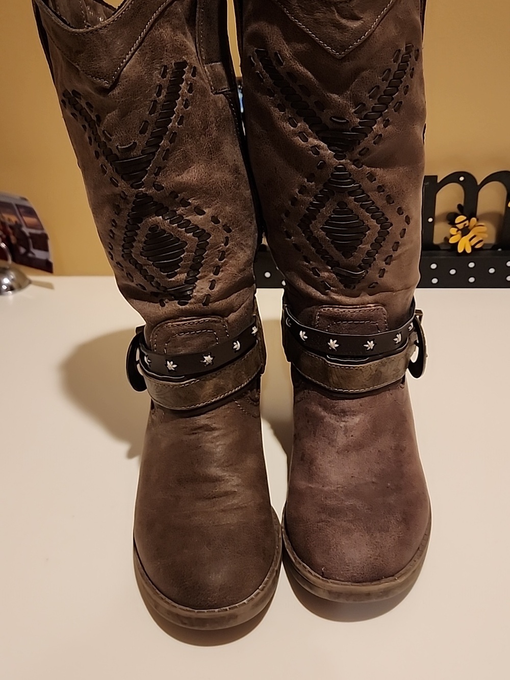 Suede Ankle Heeled Boots in Brown With Buckle.